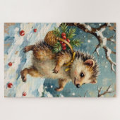 Vintage Hedgehog with Christmas Berry Basket Legpuzzel (Horizontaal)