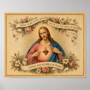 Vintage Heilig Hart van Jezus met gebed van St. Th Poster