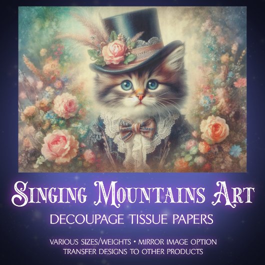 Vintage Heirloom Botanical Kitten Decoupage Tissuepapier