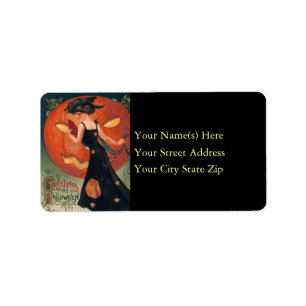 Vintage heks-halloween-groet met pompoen etiket