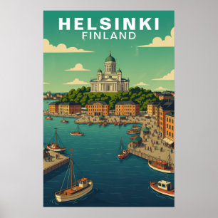 Vintage Helsinki Finland Haven Waterfront Reizen Poster