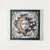 Vintage Hemel halve zon en maan blauw geel
