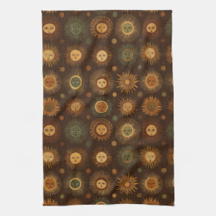 Vintage Hemel Zon Gezicht Patroon Theedoek