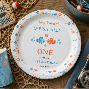 Vintage Hengel O-Fish-Ally Eén 1e Verjaardag Papieren Bordje