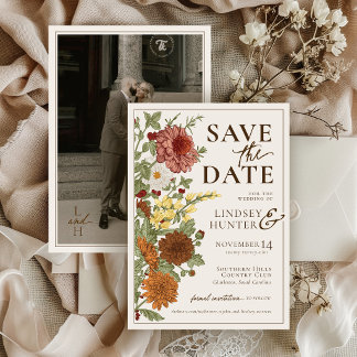 Vintage Herfst Bloemige Romantische Foto Ivoor Tro Save The Date