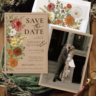 Vintage Herfst Bloemige Rustieke Kraft Foto Bruilo Save The Date