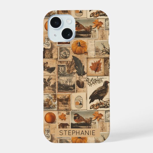 Vintage herfst collagepatroon | Rustieke ephemera iPhone 15 Case (Achterkant)