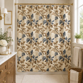 Vintage Herfst Eikenblad | Elegant Blauw en Goud Douchegordijn