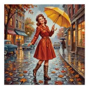 Vintage Herfst Regen Pin-up Meisje Perfect Poster