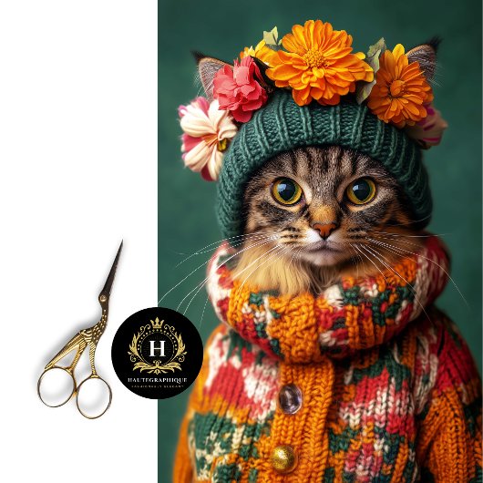Vintage Herfst Trui Hoed Tabby Kat Decoupage Tissuepapier