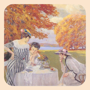 Vintage herfsttuin thee feestje Elegante Edwardiaa Vierkante Sticker