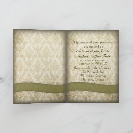 Vintage het huwelijksuitnodiging van de damastpauw (Binnen)