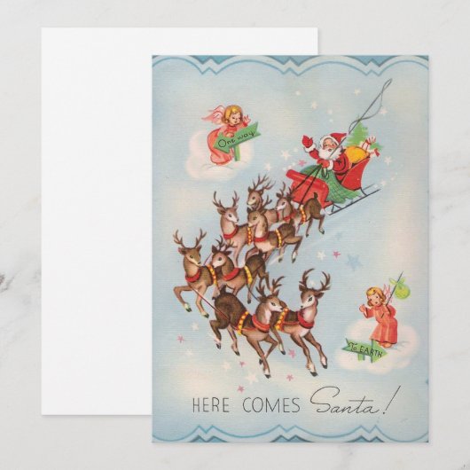 Vintage hier komt kerstkerstmis feestdagenkaart (Voorkant / Achterkant)