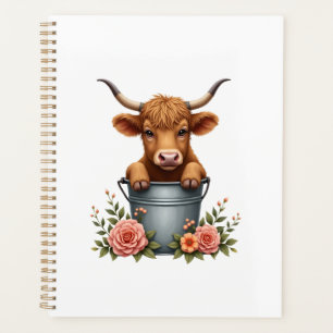 Vintage Highland Cow-bloemenmarktdesign met bloeme Planner