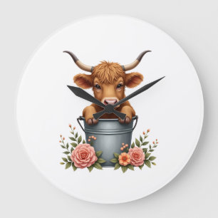 Vintage Highland Cow Bloemenmarktontwerp met bloem Grote Klok