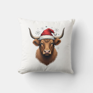 Vintage Highland Koe Kerstdag ontwerp met kerstmut Kussen