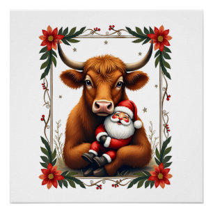 Vintage Highland Koe Santa Knuffel Kerstmis Rustie Perfect Poster