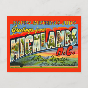 Vintage Highlands NC verjaardagsansichtkaart Feestdagenkaart