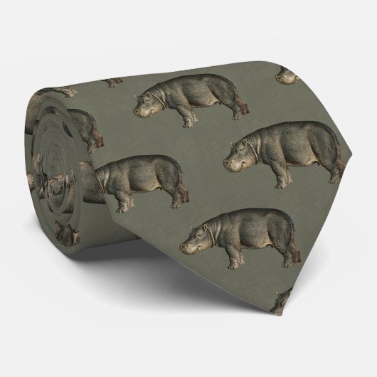 Vintage Hippos on Army Green Linen Stropdas (Opgerold)