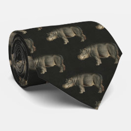 Vintage Hippos on Dark Umber Brown Linen Stropdas