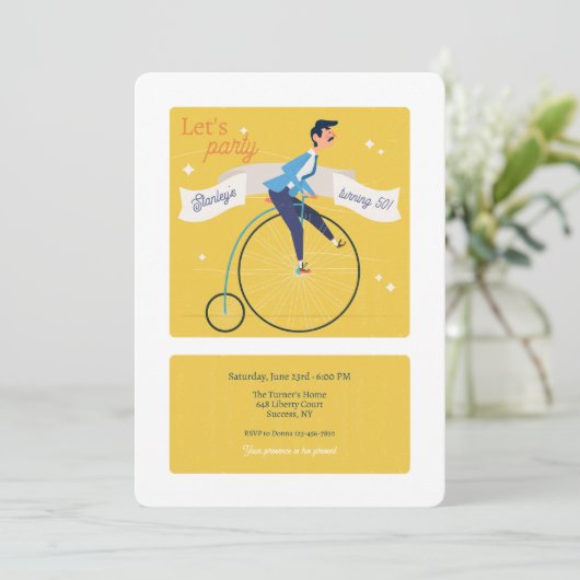 Vintage hoge wiel fiets uitnodiging (Staand voorkant)