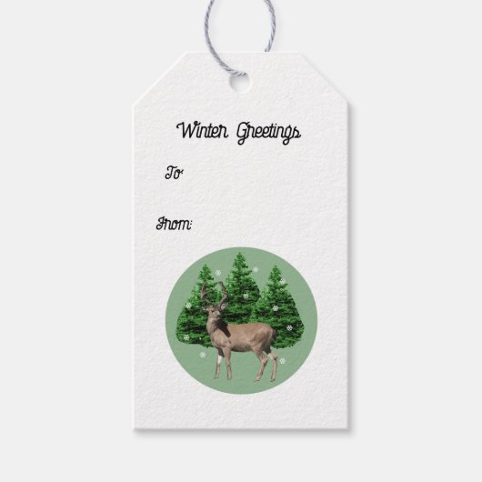 Vintage Holiday Deer Evergreen Trees Gift Labels Cadeaulabel (Voorkant)