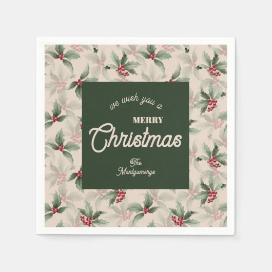 Vintage Holly and Berries Merry Christmas Servet (Voorkant)