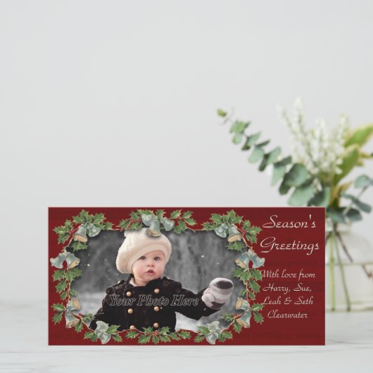 Vintage Holly & Bells kerstfotokaartje Feestdagenkaart (Staand voorkant)