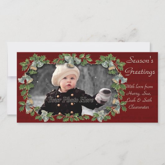 Vintage Holly & Bells kerstfotokaartje Feestdagenkaart (Voorkant)