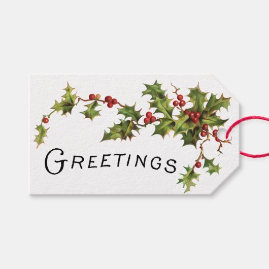Vintage Holly Berry Greetings Gift Label Cadeaulabel (Voorkant (Horizontaal))