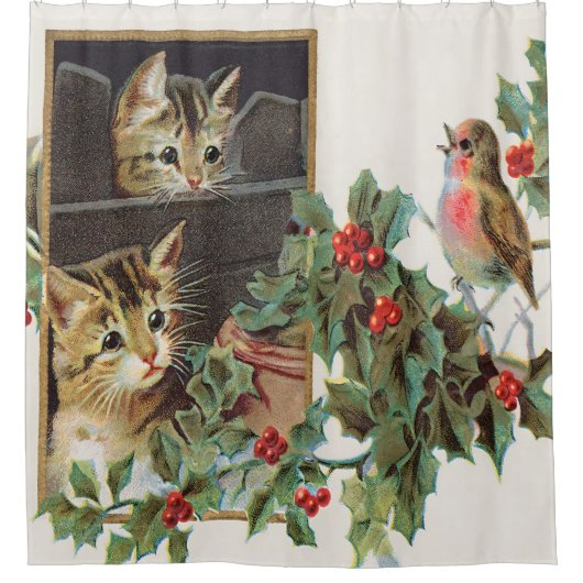 Vintage holly cats and bird  douchegordijn (Voorkant)
