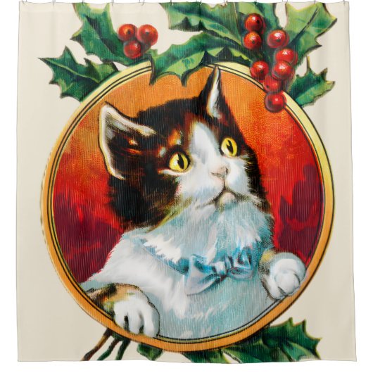 Vintage holly cute cat christmas douchegordijn (Voorkant)