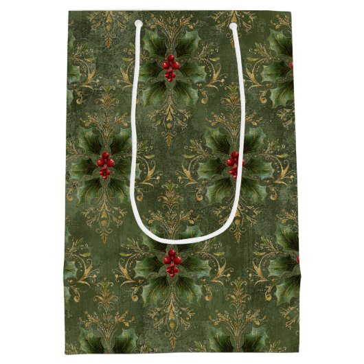 Vintage Holly Damask Pattern  Medium Cadeauzakje (Achterkant)