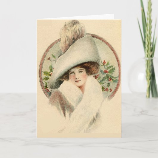 Vintage Holly Elegant Woman Feestdagen Kaart (Voorkant)