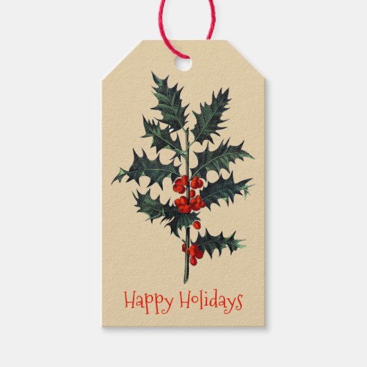 Vintage Holly Sprig Prettige feestdagen Cadeaulabel (Voorkant)