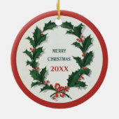 Vintage Holly Wreath Merry Kerstmis Keramisch Ornament (Achterkant)