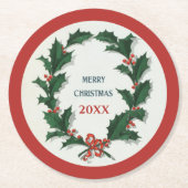 Vintage Holly Wreath Merry Kerstmis Ronde Kartonnen Onderzetter (Voorkant)
