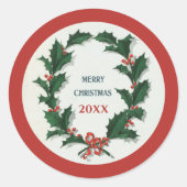 Vintage Holly Wreath Merry Kerstmis Ronde Sticker (Voorkant)