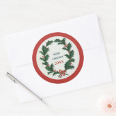 Vintage Holly Wreath Merry Kerstmis Ronde Sticker (Envelop)