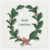 Vintage Holly Wreath Merry Kerstmis Vierkante Sticker (Voorkant)