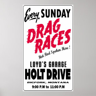 Vintage Holt Drive Drag Races bord wit Poster