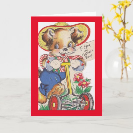 Vintage hond maaien gazon kaart (Gele Bloem)