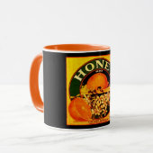 Vintage honing sinaasappel reclameetiket mok (Voorkant links)