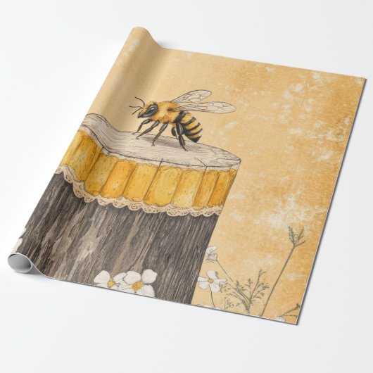 Vintage Honingbij Wilde Bloementuin (1) Cadeaupapier (Uitgerold)