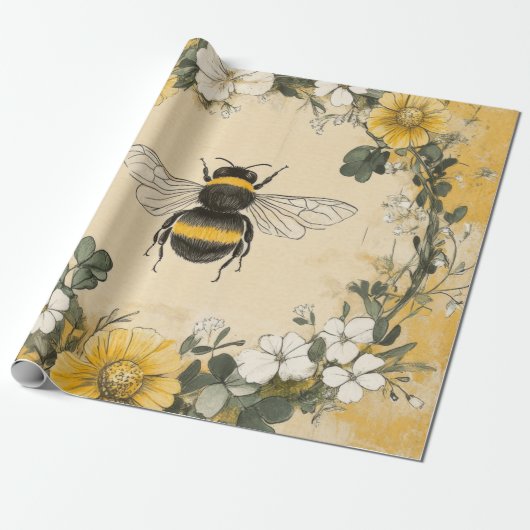 Vintage Honingbij Wilde Bloementuin (4) Cadeaupapier (Uitgerold)