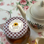 Vintage honingbijenetiket met handvat rauw ronde sticker<br><div class="desc">Het centrale ontwerp is voorzien van een afbeelding van zonnebloemen en een waterverf honingbij. Geef uw persoonlijke naam, adres en beschrijving van honing een persoonlijk tintje (ruw, met de hand gebotteld, één enkele bron enz.). Neem ook het nettogewicht van de honing op. Bekeerling van het nettogewicht honing: 8 oz (227...</div>