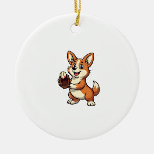Vintage honkbal Corgi hond vangst cartoon vector Keramisch Ornament