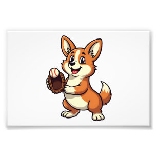 Vintage honkbal Corgi hondenvanger Cartoon Vector Foto Afdruk