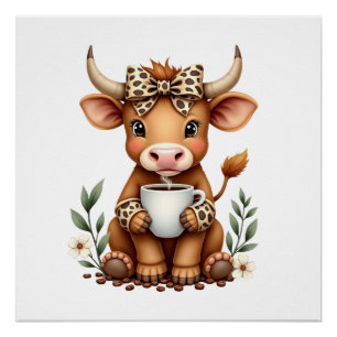 Vintage Hoogland Koe Coffee Liefhebber Waterverf S Perfect Poster