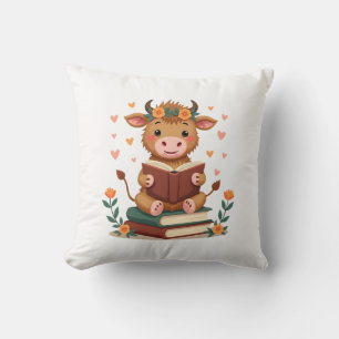 Vintage Hooglandkoe Boeken Lezend Bloemig Cute Boe Kussen
